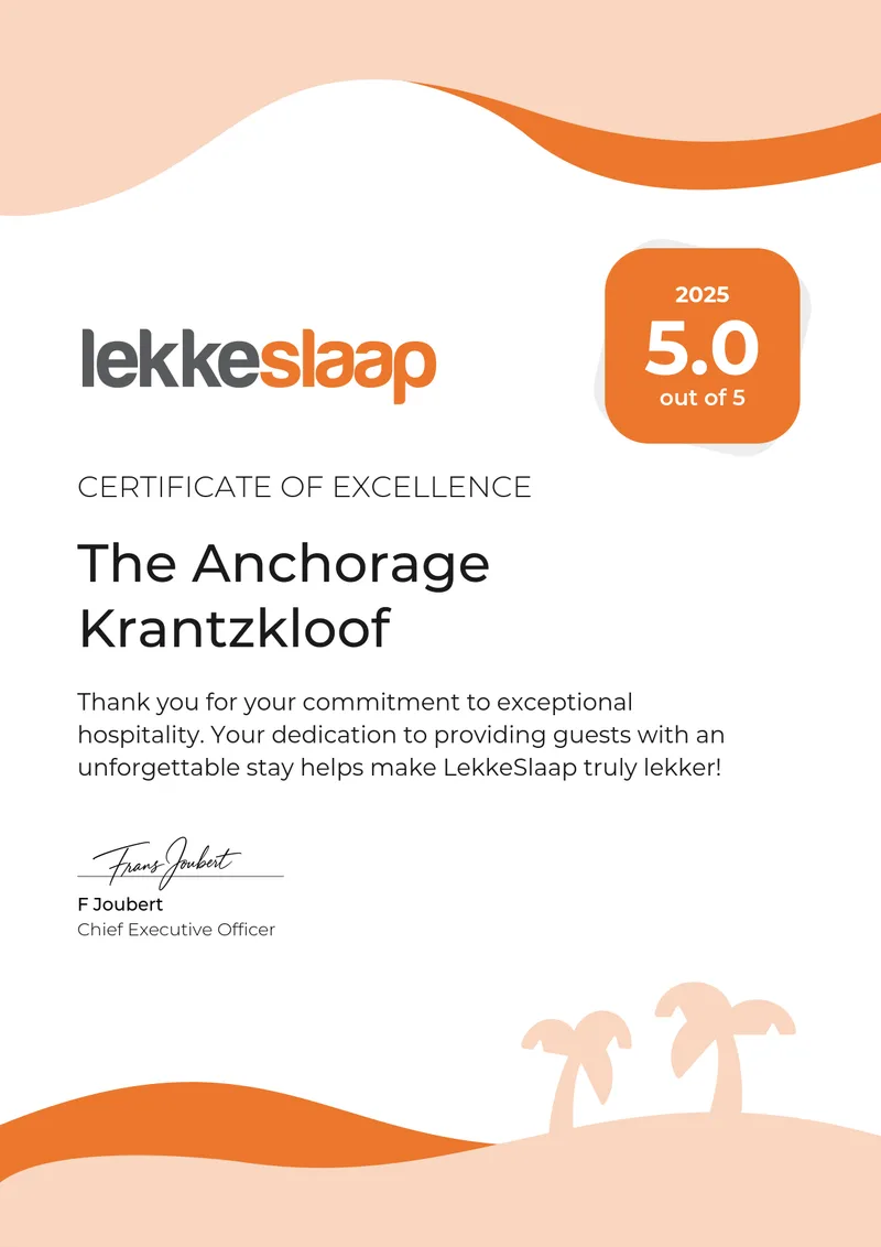 LekkeSlaap 2025 Certificate of Excellence for The Anchorage Krantzkloof